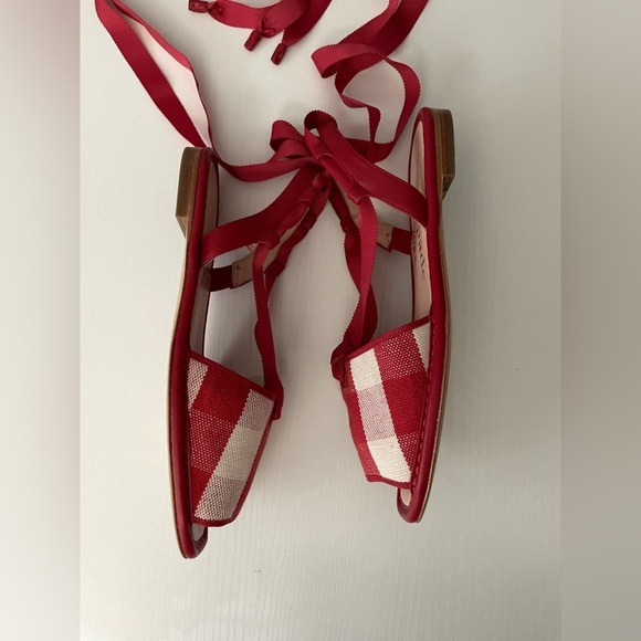 Kate Spade MAGGIE GINGHAM ANKLE WRAP FLAT SANDALS IN GINGHAM LAVA FALLS Red 6 - Picture 7 of 8